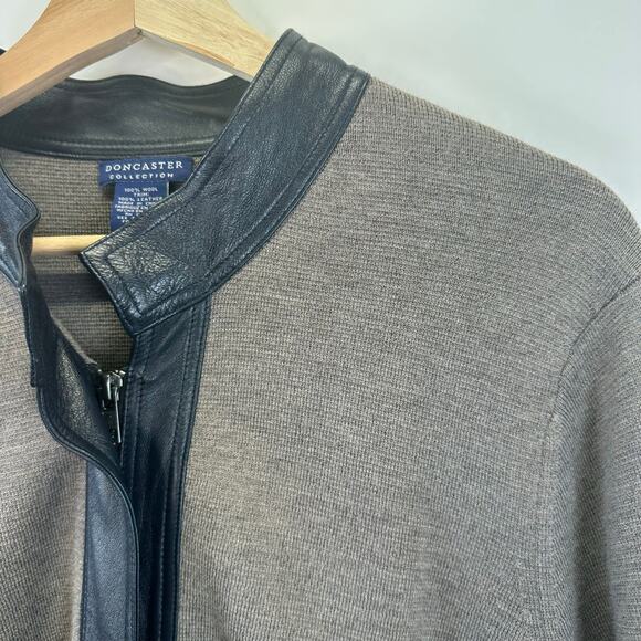 Doncaster Collection Wool And Leather Trim Open Cardigan Brown Sweater Womens XL - Picture 9 of 16